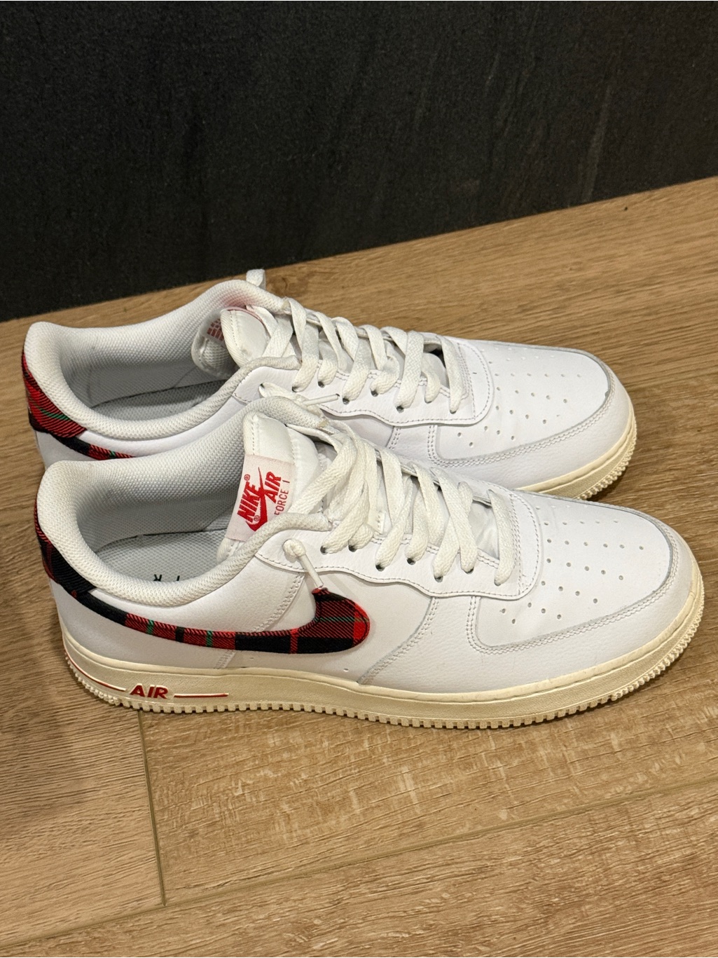 Nike White Sneakers With Red Plaid Swoosh